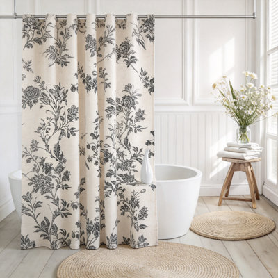 Vintage Cotton Cottagecore Floral Shower Curtain (Black)