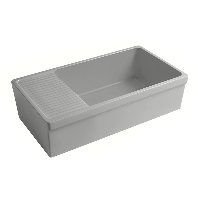 Fireclay Reversible Sink with Integral Drainboard and Decorative 2 ½" Lip on Both Sides, Matte Light Cement