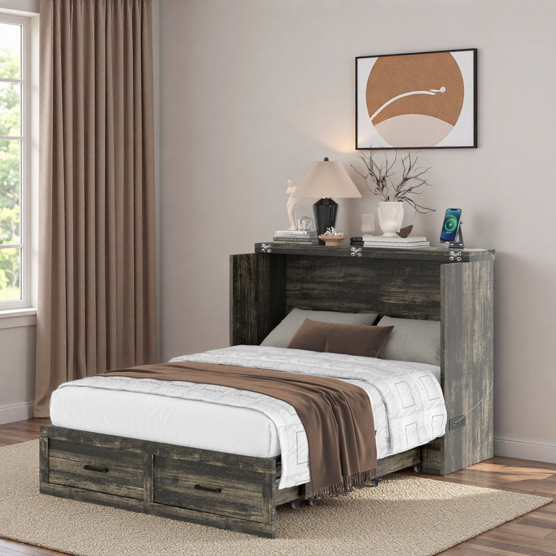 Lit escamotable multifonctionnel pliable avec station de charge et 1 grand tiroir de rangement, Gris rustique, Lit double