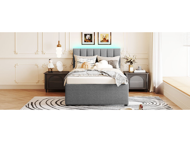 Lit plateforme tapissier simple avec lit gigogne Teddy, Lit simple, Gris