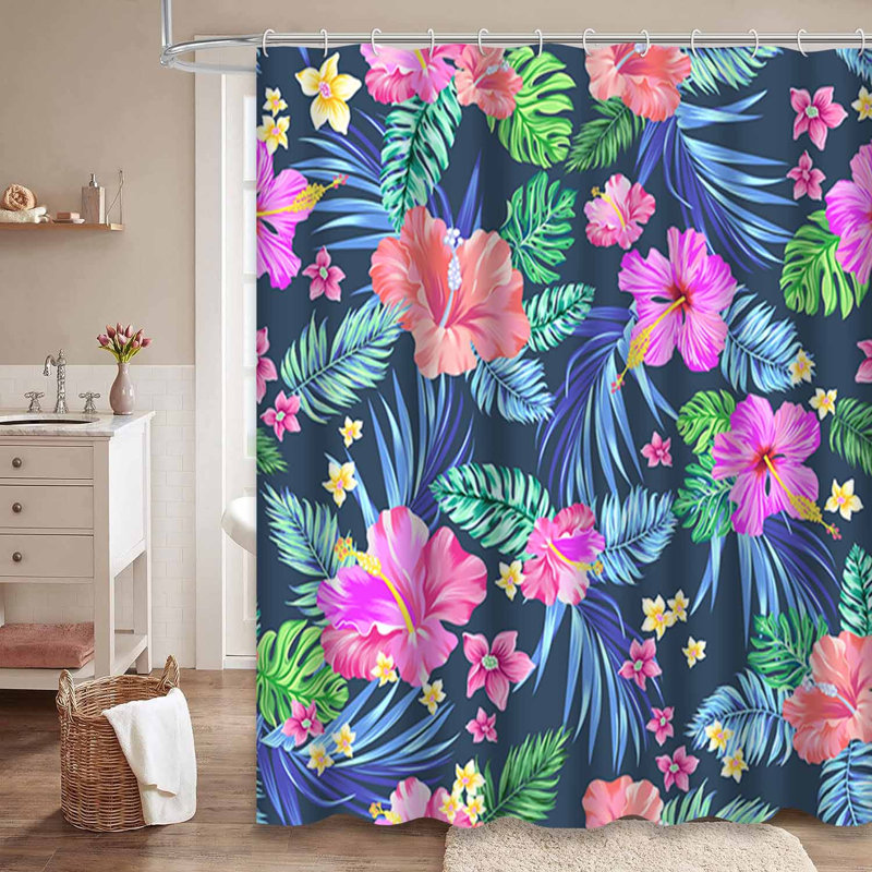 Rideau de douche imperméable hibiscus à motif floral tropical avec 12 crochets, L 72 po x l 78 po