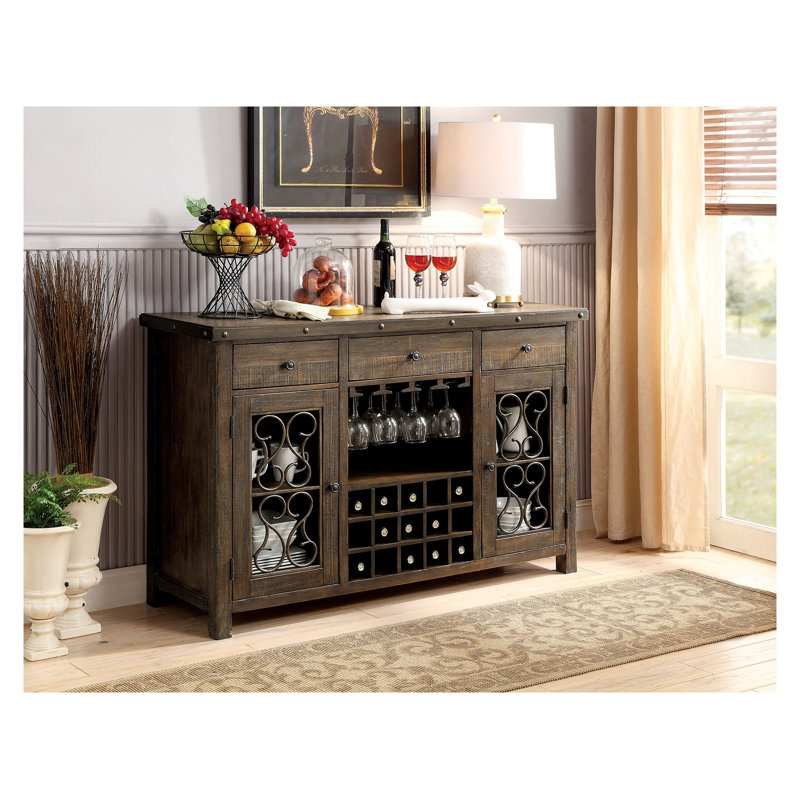 Rustic Walnut Solid Wood Server with Metal Accents and Scroll Details