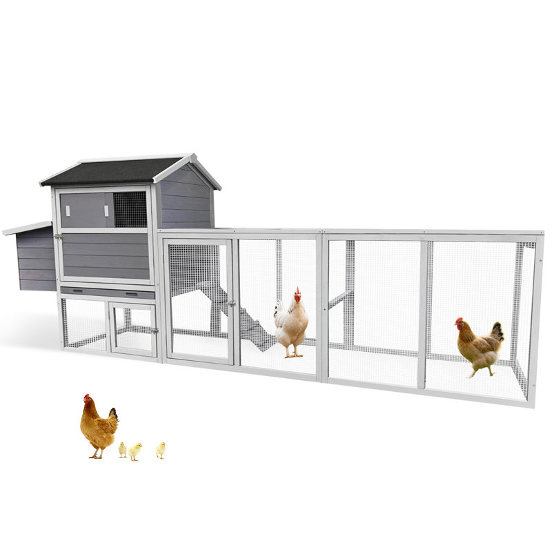 Poulailler en bois de 114 po avec enclos, grand poulailler extérieur avec nichoir pour 2 à 6 poulets, cage de poulet extérieure, cage de poulet résistante aux intempéries pour la vie en plein air dans le jardin, naturel (gris + blanc)