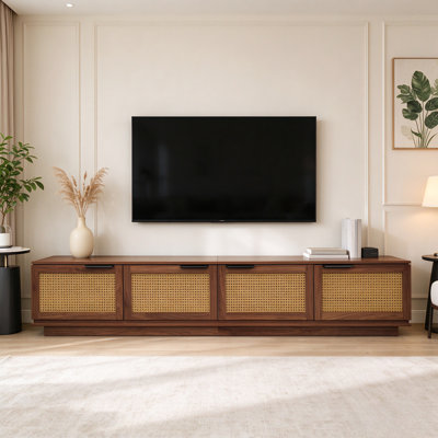 Meuble télé en rotin et noyer de 78 pouces pour téléviseurs de 85 pouces, console multimédia moderne