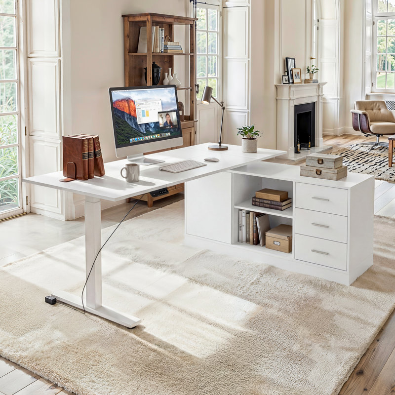 Lorentz Adjustable L-Shaped Metal Base Standing Desk, White/White