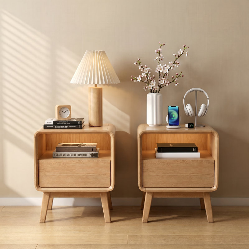 Ensemble de 2 tables de chevet en bois massif MCM avec 1 tiroir et tablette ouverte MCM, Chêne