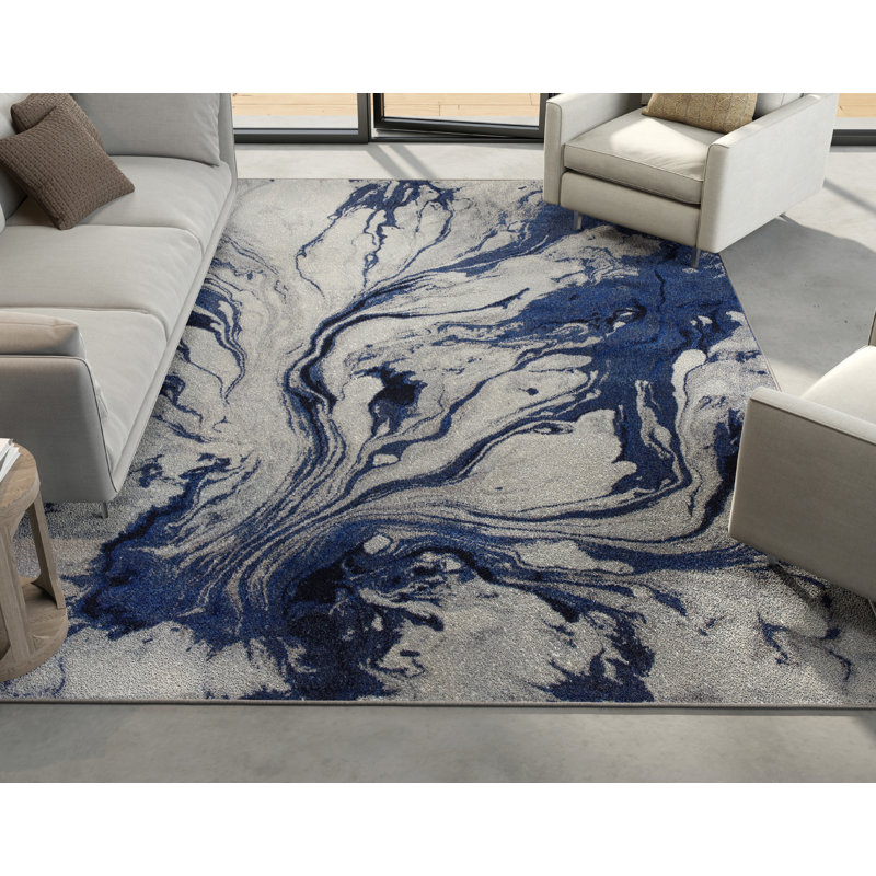 Tapis abstrait Illusions, Rectangle 5 pi 3 po x 7 pi 7 po, Bleu