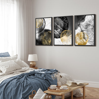 Tree Ring " Grunge Black White Gold Forest Tree Wood Ring " 3 - Pieces Painting Print