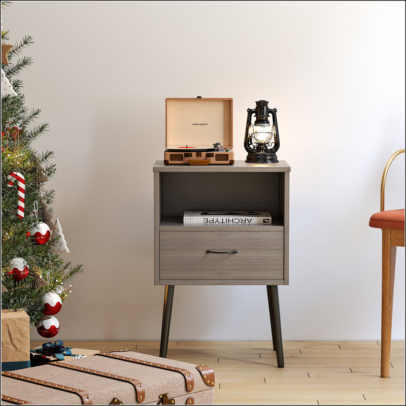 Table de chevet moderne avec tiroir de rangement et tablette ouverte en bois, parfaite pour les petits espaces et facile à assembler