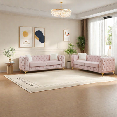 Compression Sofas Set, Pink Velvet Wood Frame Modern Home Living Room