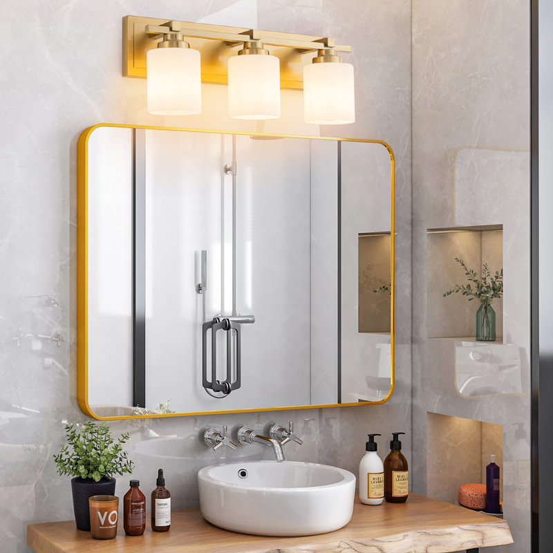 3 Light Modern Bathroom Light Fixtures Over Mirror, Brass Vanity Lights Milky White Glass Shades, E26 Socket (Bulbs Not Included)