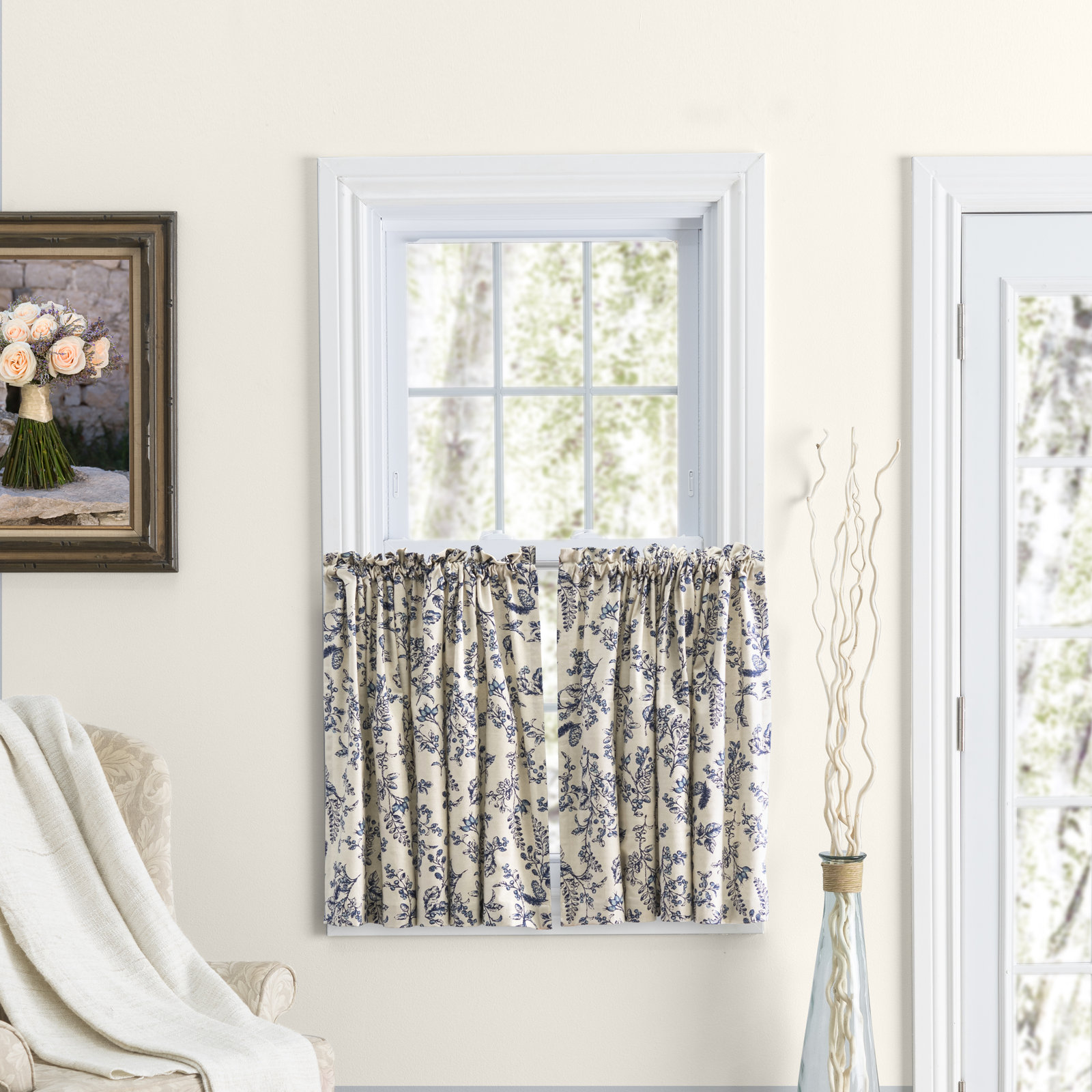 Toile Cotton Cafe Curtain, 84" W x 24" L, Indigo