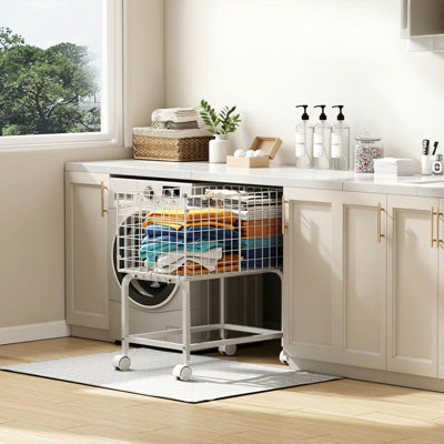 White, Tall Laundry Basket Trolley With Pull Rod, 80-Litre Capacity. Easily Fits Into Laundry Rooms, Bathrooms, And Bedrooms. Practical And Beautiful.