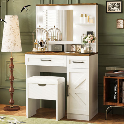 Meuble-lavabo de ferme avec miroir et lumières, 3 modes d'éclairage, ensemble de coiffeuse avec tabouret, coiffeuse avec tablettes réglables, 2 tiroirs et armoire latérale pour la chambre à coucher