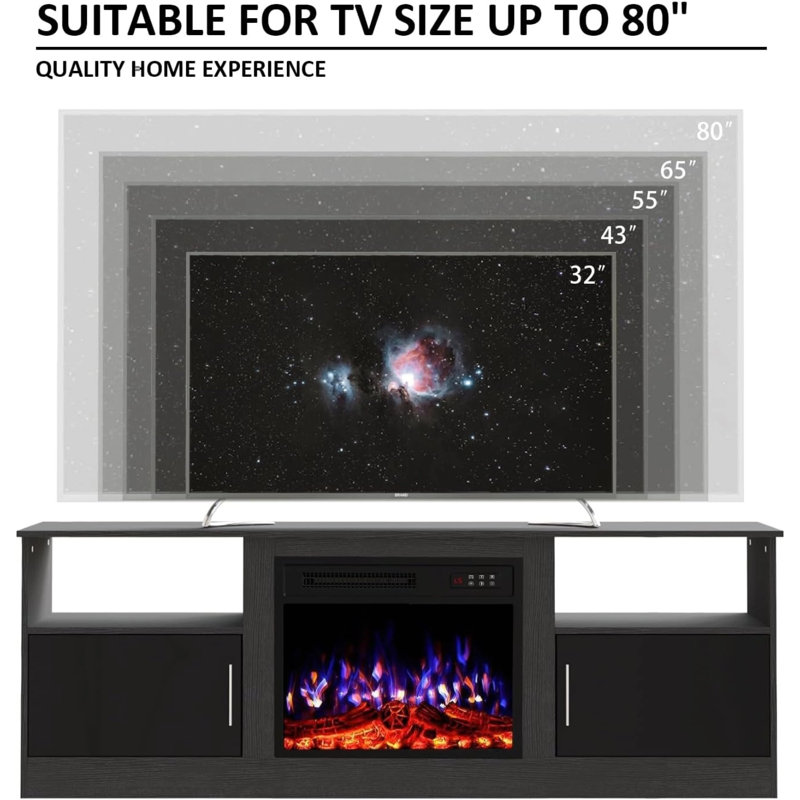 70" TV Stand with 23" Electric Fireplace, Black