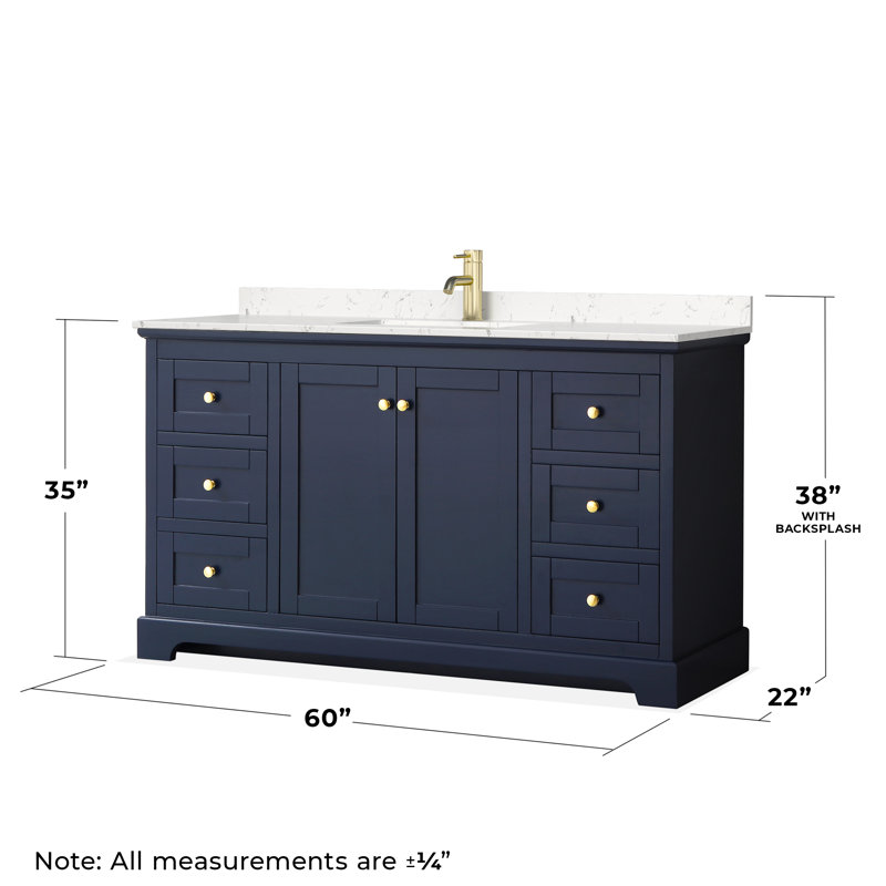 Avery 60'' Single Bathroom Vanity with Top, Light Vein Carrara Cultured Marble, Dark Blue, Brushed Gold