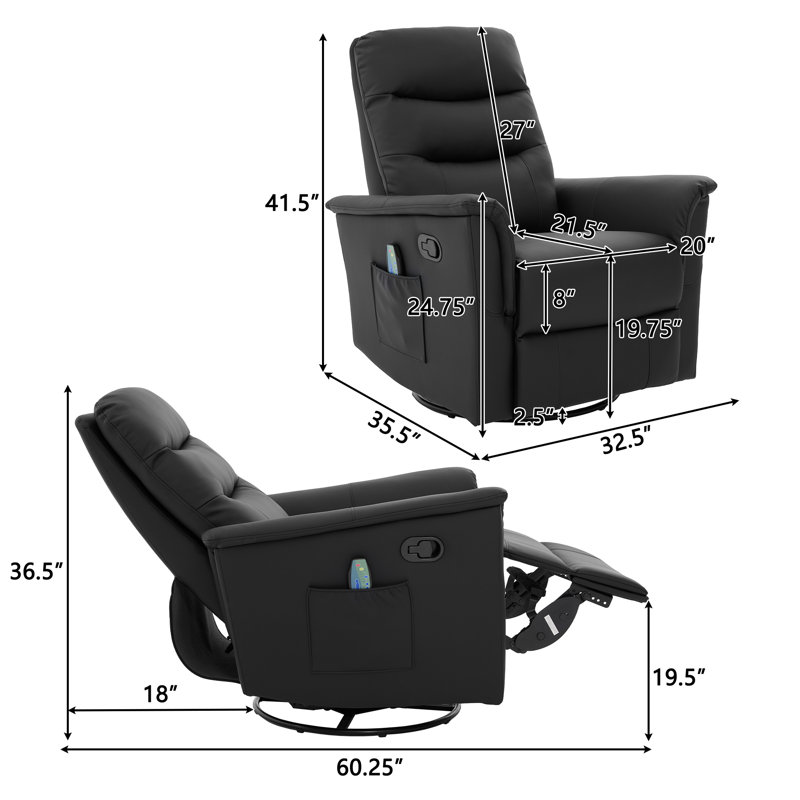  Fauteuil inclinable manuel berçant à bascule avec chaleur et poche latérale, cuir PU, noir, Noir