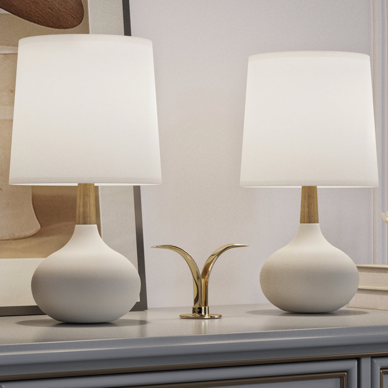 14'' White Ceramic and Wood Modern Table Lamp Set