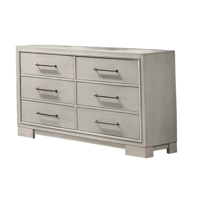 Commode large Simone, 6 tiroirs et pieds blocs, bois blanc antique
