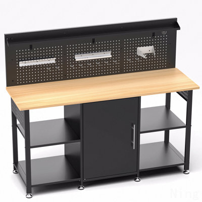 60 Inch Heavy Duty Workbench With Storage Cabinet, Wooden Top, 2000 Lbs Capacity, Large Garage Work Table With Pegboard, Power Outlet