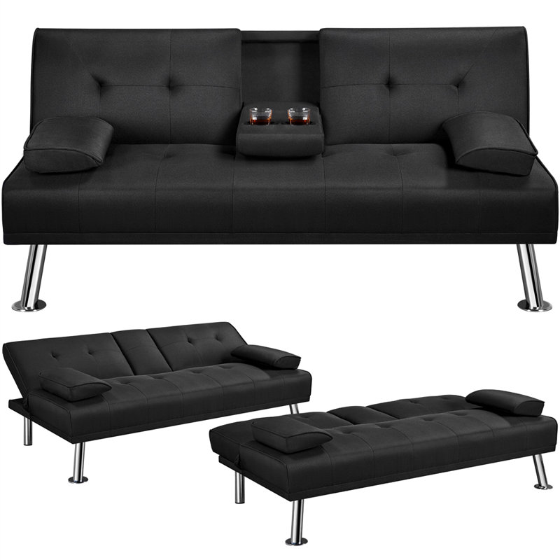 Upholstered 62.5" W 3-in-1 Sofa Bed, Black, 28" H x 62.5" W x 31.5" D