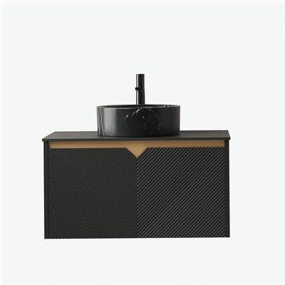 RUBEN 30" Bathroom Vanity&Sink, Wall-Mounted Floating Plywood Storage Cabinet, Twill Double Doors with Metal Trim, Black Round Ceramic Vessel Basin with Stone Pattern&Black Sintered Stone Top, Black