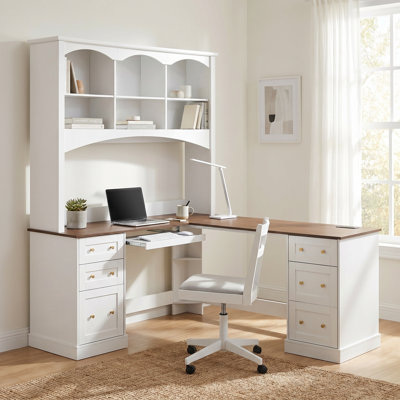 68.9" L-Shaped Farmhouse Corner Desk with Arched Hutch, Keyboard Tray & Dual Charging Stations, Walnut Desktop, File Drawer & Storage Cabinets, Space-Saving Home Office Desk