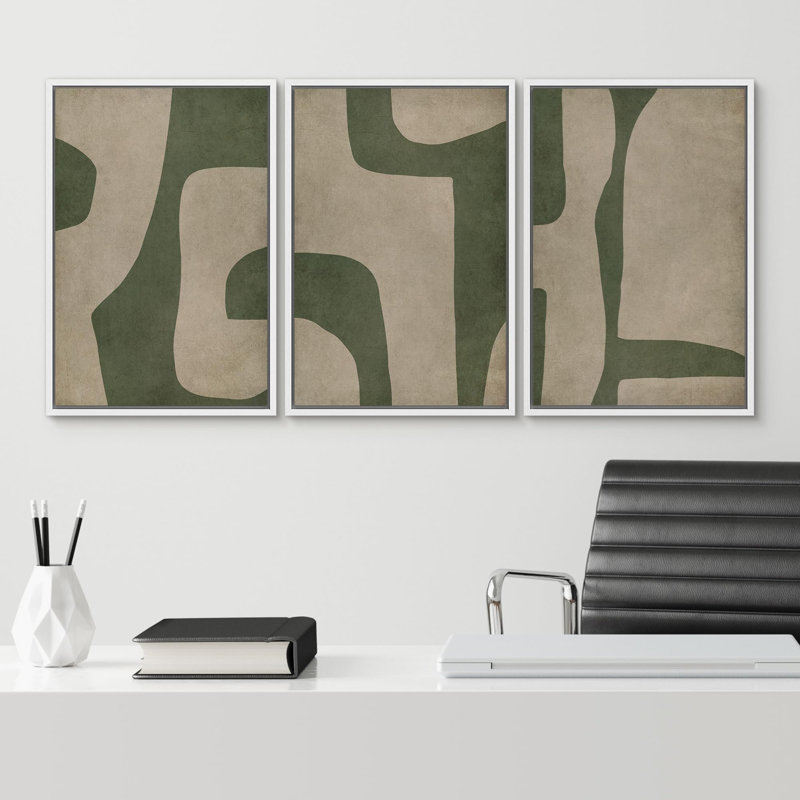 "Abstrait géométrique vert et beige, illustrations, art moderne, décor boho relax zen nordique" - 3 pièces, H 36 po x l 24 po