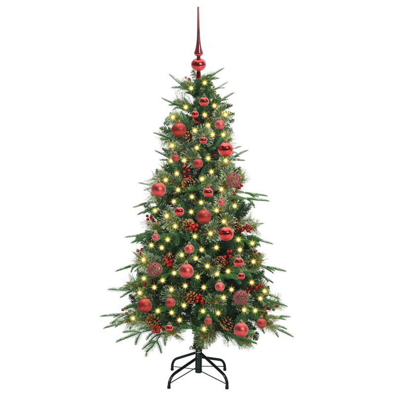 Artificial Hinged Christmas Tree Green PE and PVC, 4.92' H, Green/Red
