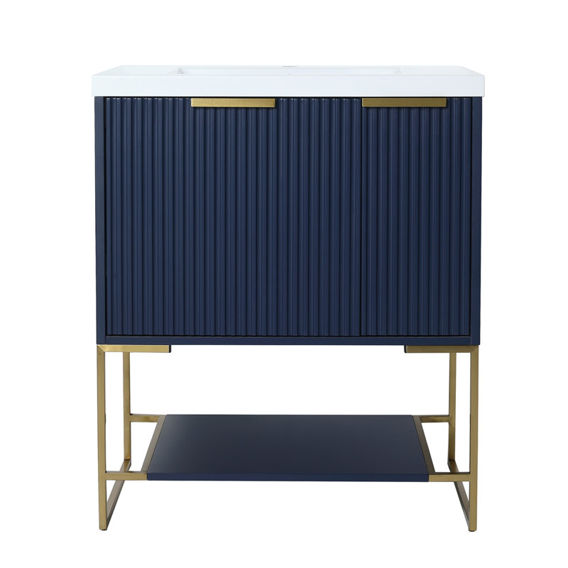 Meuble-lavabo autoportant avec lavabo en résine, Bleu marine, Or