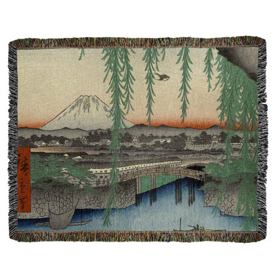 Utagawa Hiroshige Cotton Throw Blanket – Handmade, Fringed, and Reversible in Gray Blue Pink