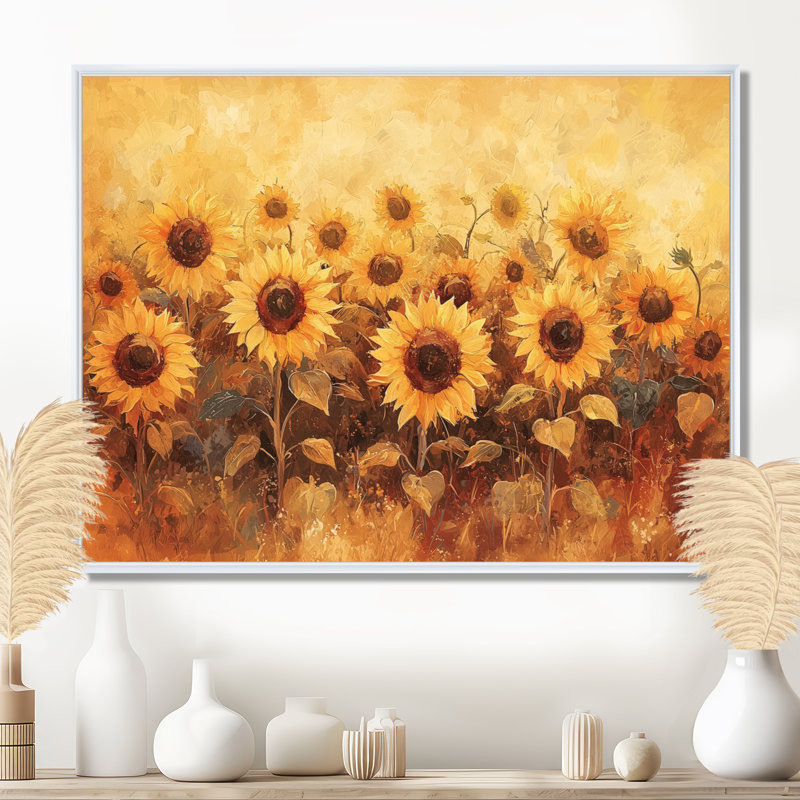Tournesols brun récolte lueur II - tournesols, art mural, H 24 po x l 32 po, Blanc, Avec cadre