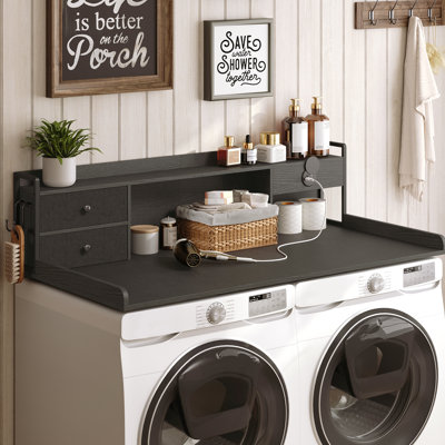 2-Titer Washer Dryer Countertop With Non-Slip Pads, Laundry Wood Shelf Topper With Edge For Washer and Dryer Laundry Hamper Counter Storage Organization