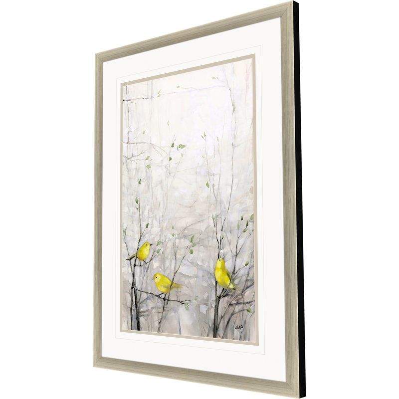 Yellow Birds in Trees Watercolor Print with Gold Wood Frame