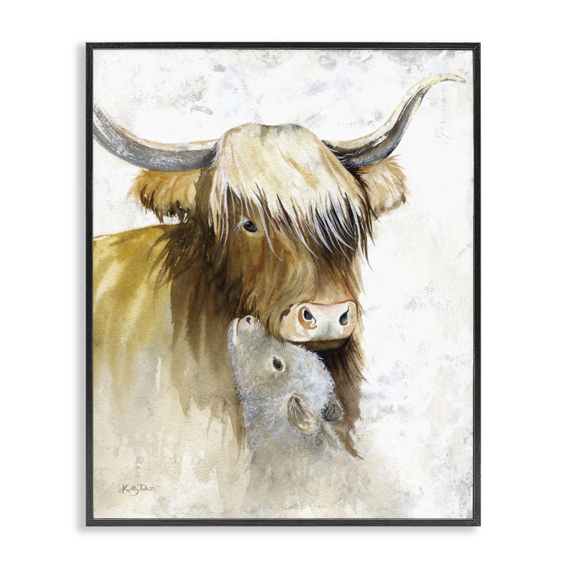 Giclée neutre de longhorn et de veau par Kelley Talent, Giclée encadrée noir minuit, H 14 po x l 11 po
