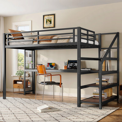 Lit mezzanine peu encombrant avec bureau intégré, lumières DEL et escalier de rangement
