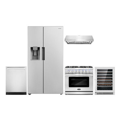 5 Piece Kitchen Package with Side by Side Refrigerator 36" Gas Range