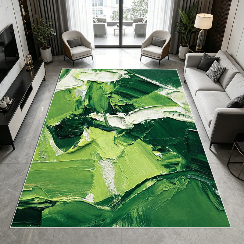 1PC Abstract Thick Green White Oil Painting Impasto Texture area rugs for Living Room, Soft and Comfortable, Suitable for all seasons, easy-to-maintain, machine washable Indoor floor mat, Under Table Farmhouse suitable for dining room, bedroom,