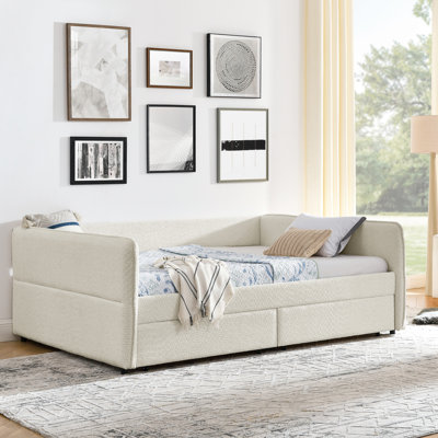 Lit de jour avec lit gigogne, option de rangement de tiroir, grand lit, rembourré, boucle beige, rayures élégantes, expérience d'assise confortable, solution manuelle d'installation facile, rembourrage vertical, marches