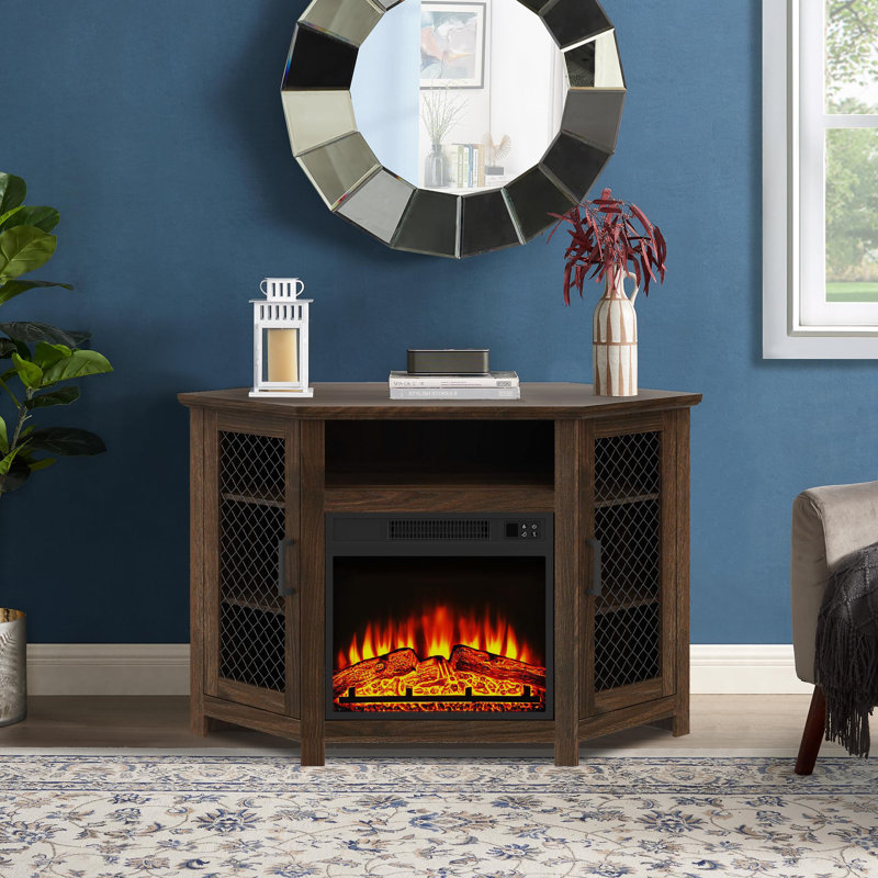  Corner TV Unit Stand fits TVs up to 55" With 18" Electric Fireplace Included, Brown