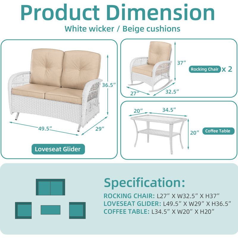 Ensemble de conversation d'extérieur en osier 4 pièces avec causeuse et fauteuil oscillant Winston Porter, Beige