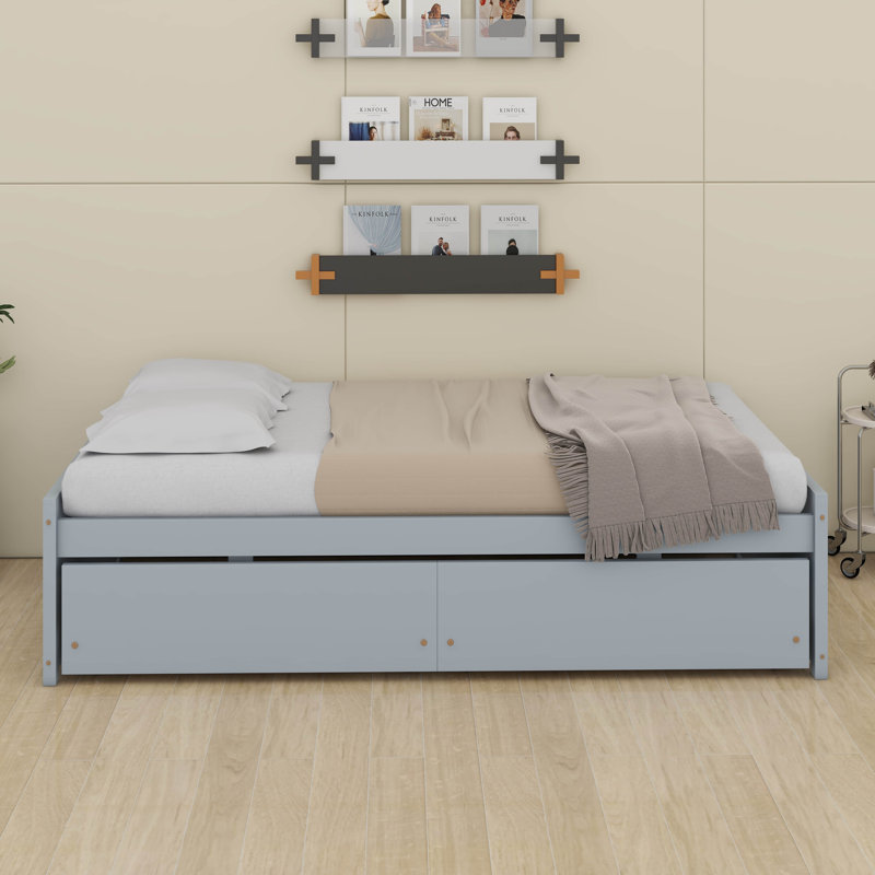 Lit de jour simple avec 2 tiroirs, cadre en bois d'hévéa avec rangement, Gris