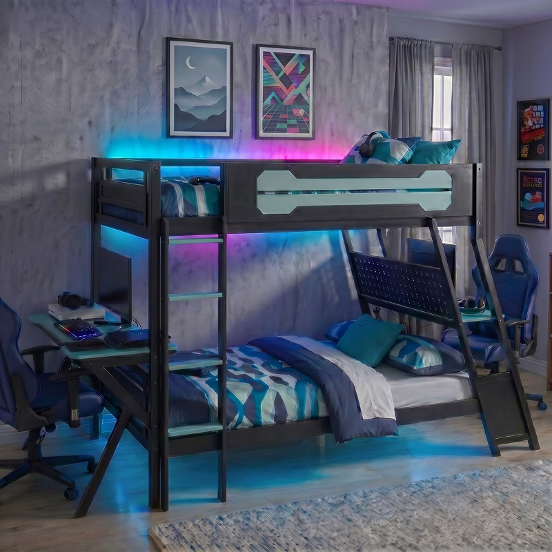 Lit superposé simple à cadre en bois noir avec bureaux de jeu doubles et ports USB, Blue