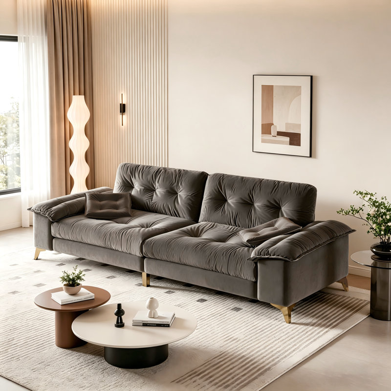 Canapé rembourré 104,7 po 4 places avec 2 coussins et larges accoudoirs amovibles, Chenille gris clair
