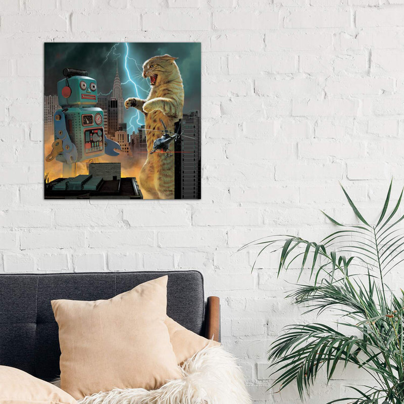 " Catzilla Vs Robot " by Vincent Hie, Wrapped Canvas, 26" H x 26" W x 1.5" D