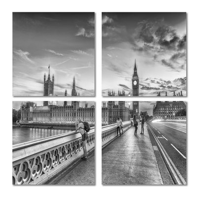 Beautiful Black and White London View - Cityscape, reproduction d'art sur toile, ensemble de 4 pièces