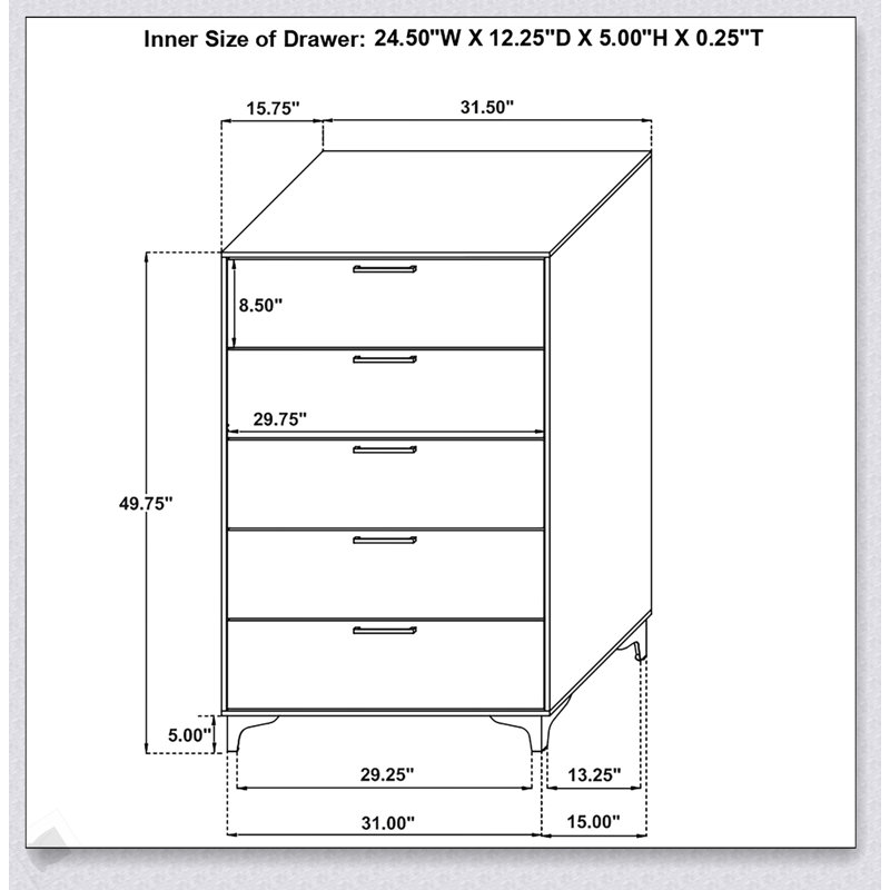 Commode rectangulaire blanche à 5 tiroirs Karena, solution de rangement spacieuse et élégante pour les espaces de vie modernes
