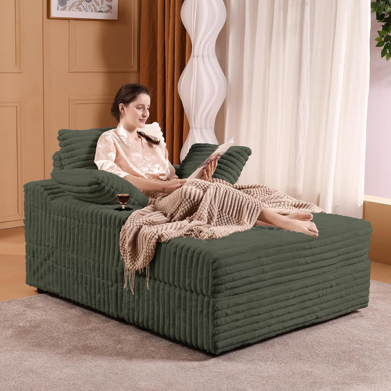Méridienne surdimensionnée grise avec repose-pieds avec rangement, canapé-lit en velours côtelé avec coussins pour le salon