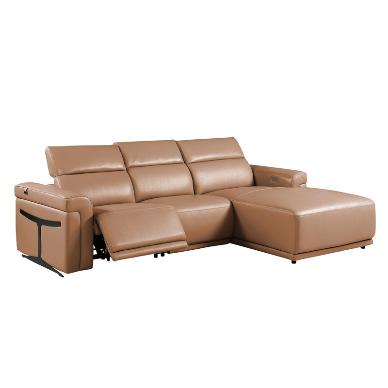 Canapé modulaire cognac en cuir italien de qualité supérieure 3 pièces Cognac avec 1 fauteuil inclinable électrique et appuis-tête réglables