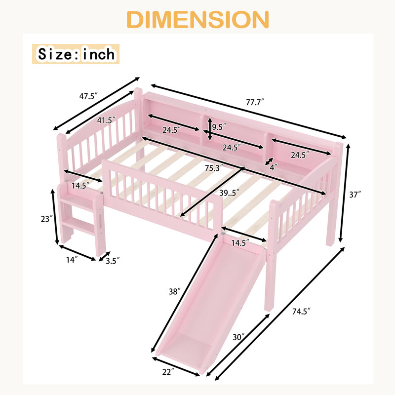 Lit mezzanine avec tablettes de rangement, lit mezzanine inférieur en bois massif avec lumières DEL et garde-corps pleine longueur, aucun sommier nécessaire